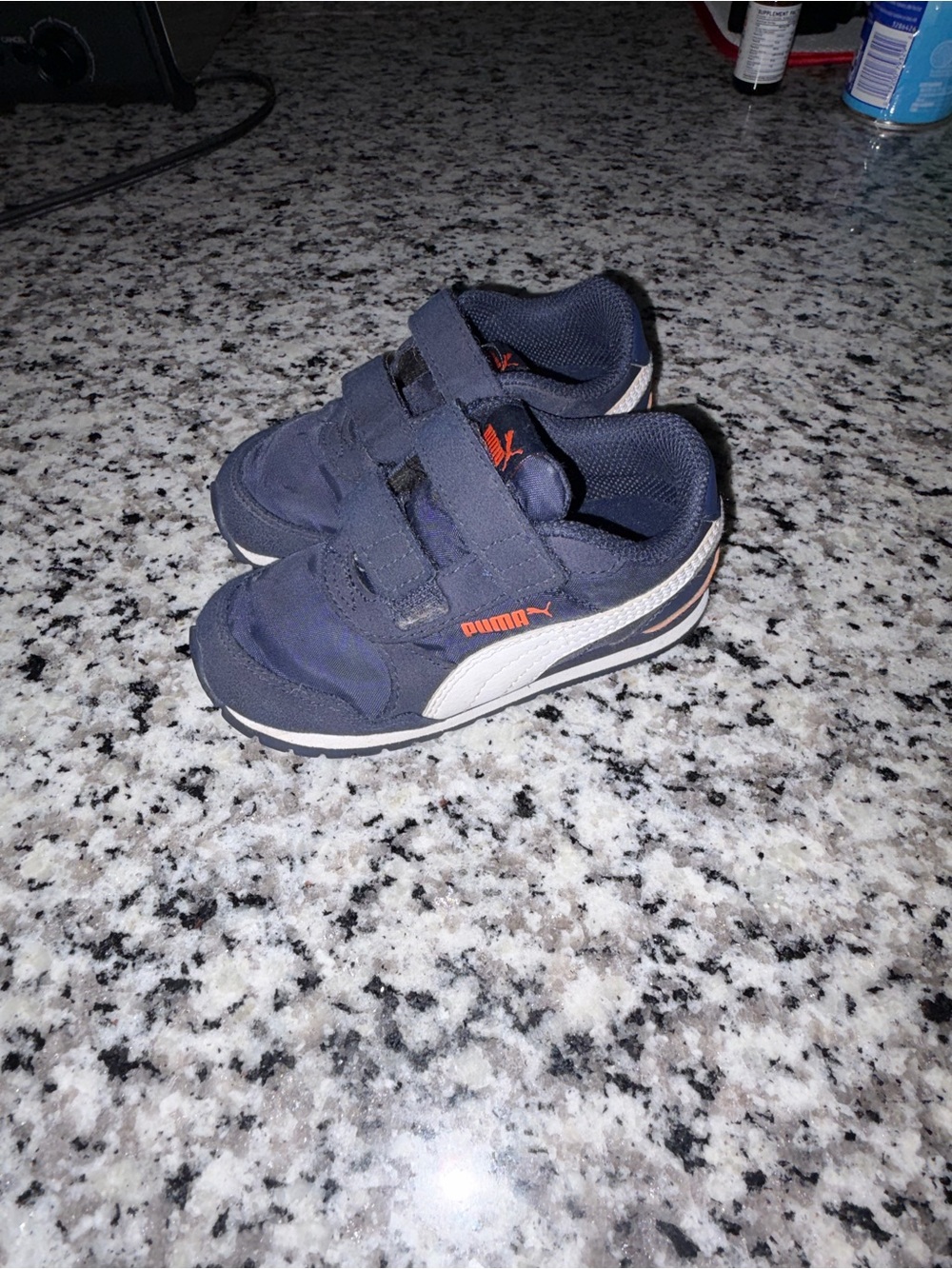 Puma Kids Navy and White Velcro Sneakers with Orange Logo